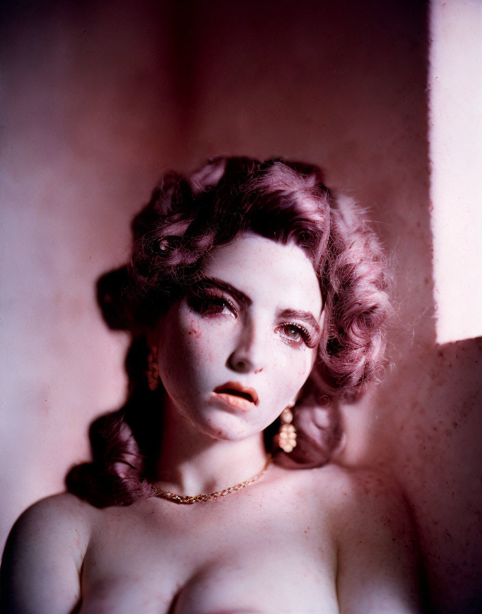 Vintage Portrait: Woman with Curly Hair, Necklace, and Earring