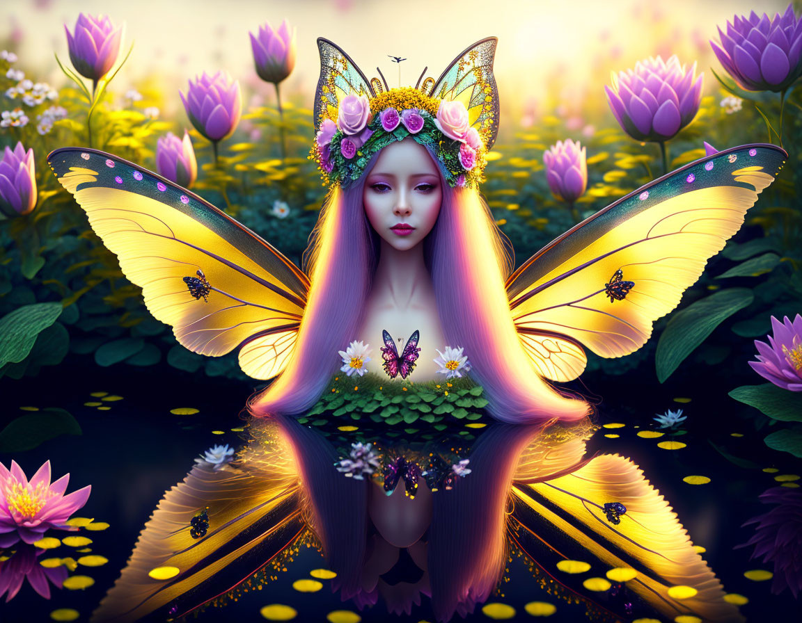 Butterfly-winged woman in lotus garden with nature crown reflected on water