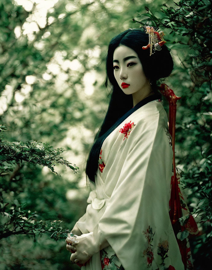 Traditional East Asian Attire Woman in Elaborate Makeup Amidst Green Foliage