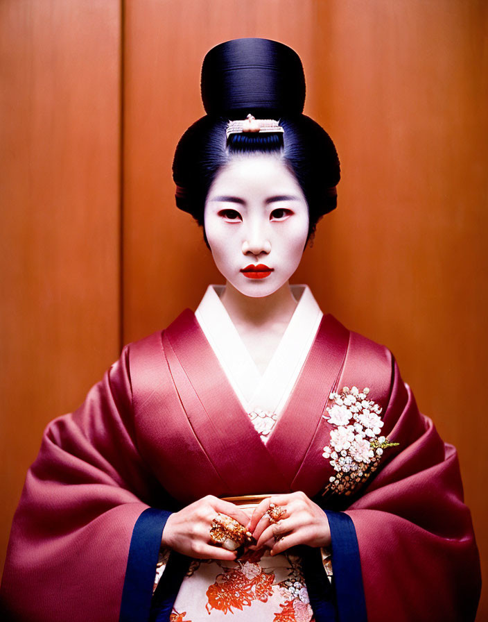 Traditional Japanese kimono with elaborate hairstyle on red background