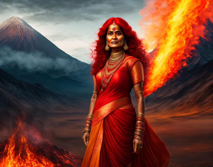 Red-haired woman in vibrant red saree with volcanic eruption background