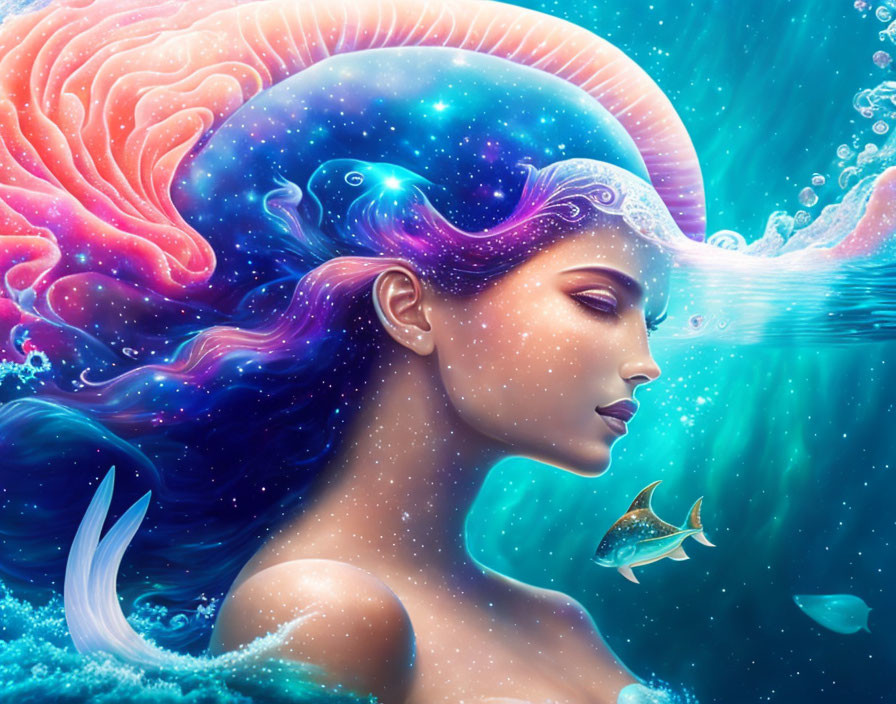 Colorful artwork of woman with jellyfish-like hair in underwater scene