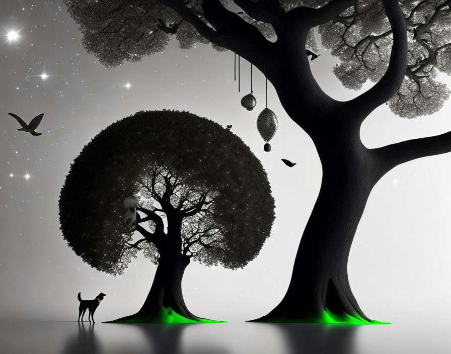 Silhouette trees, glowing base, dog, birds, orbs, starlit sky surreal scene