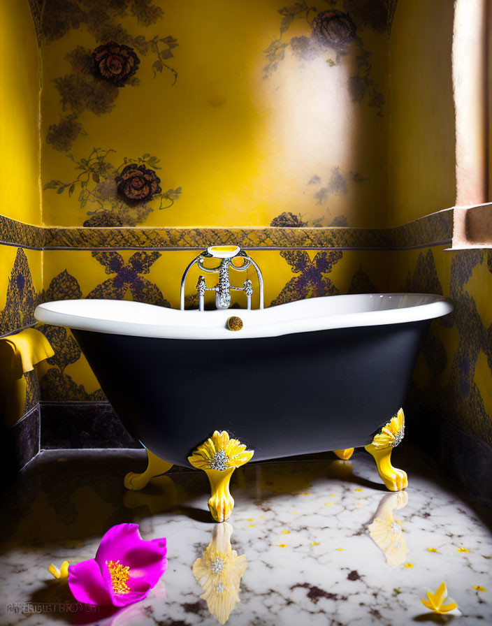 Luxurious Clawfoot Bathtub with Gold Accents in Yellow Floral Wallpaper Room