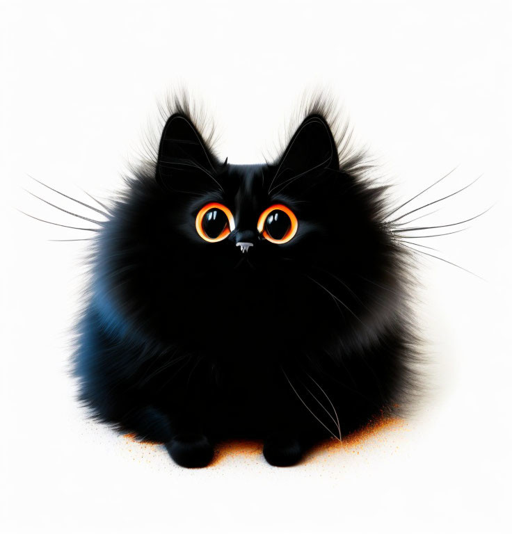 Black Cat with Orange Eyes and Whiskers on White Background