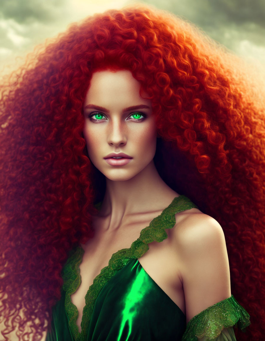 Vibrant Red Curly Hair Woman Portrait in Green Dress