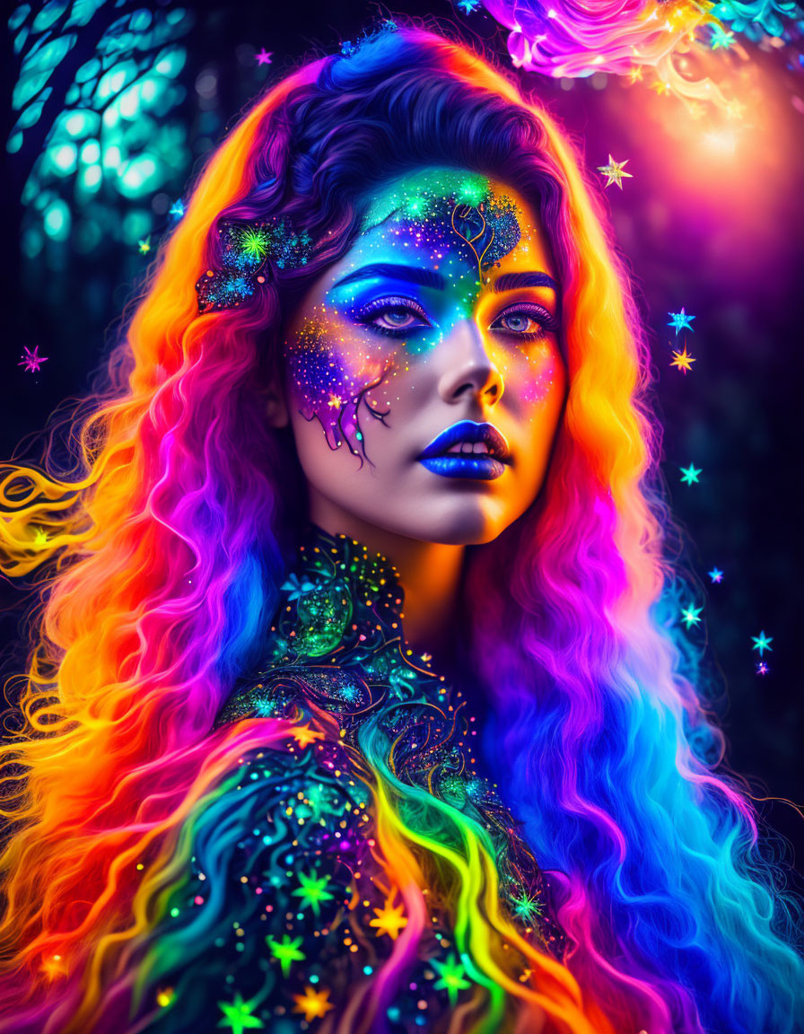 Colorful woman with neon makeup in magical setting