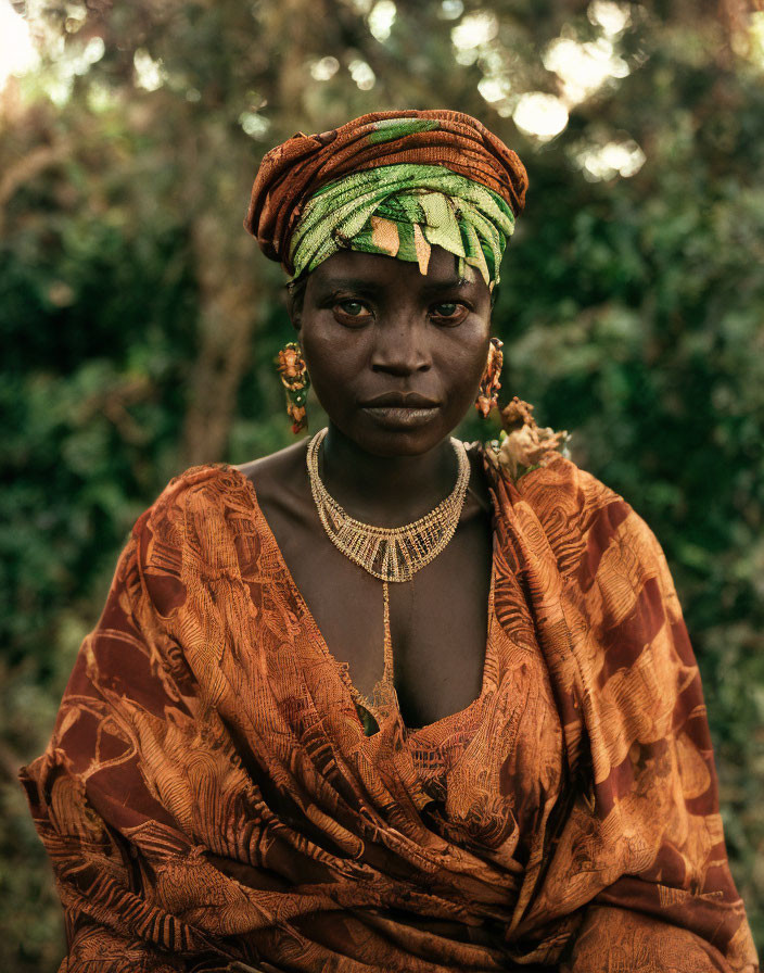 Striking-eyed woman in green headwrap and ornate necklace against lush backdrop