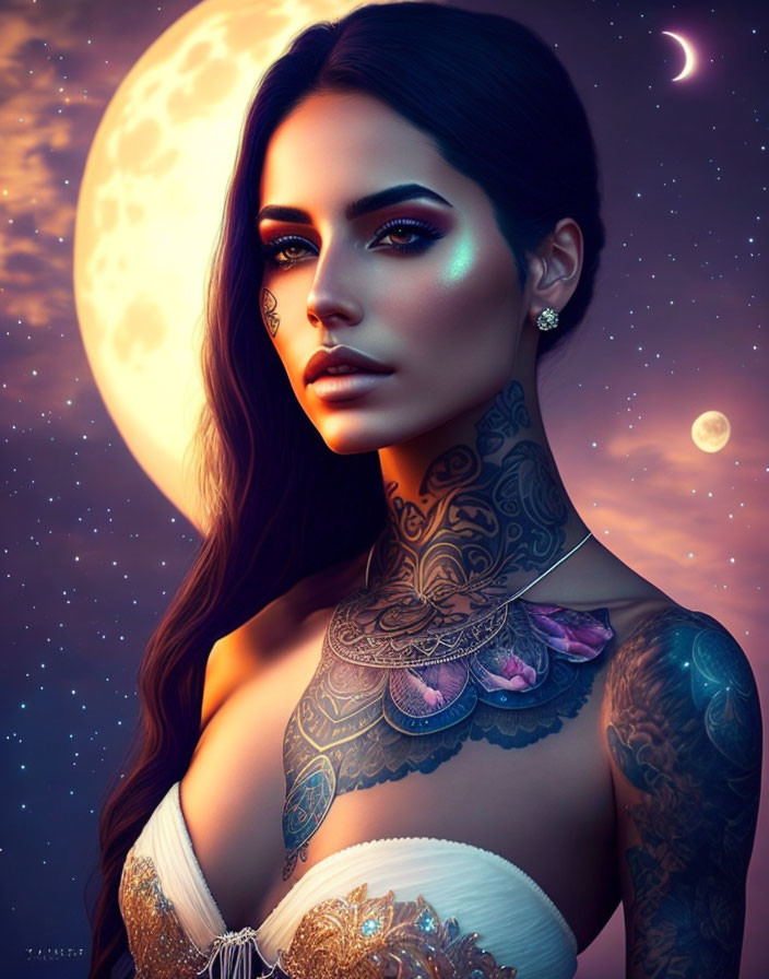 Digital artwork: Woman with tattoos, blue eyes, dark hair in moonlit night scene