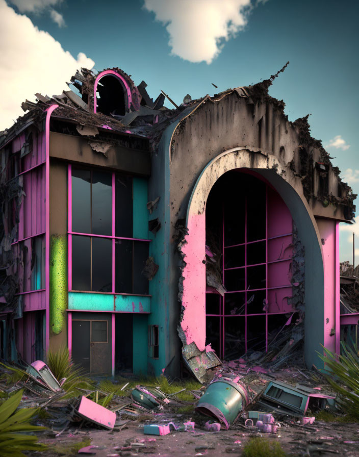 Abandoned building with broken archway, pastel walls, debris, and foliage