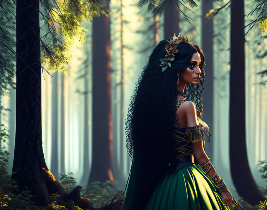 Digital artwork of woman in regal green dress and golden crown in mystical forest with sunbeams.