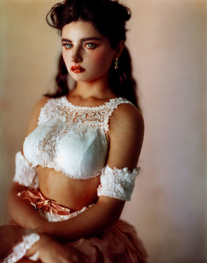 Dark-haired woman in lace and corset gazes with crossed arms