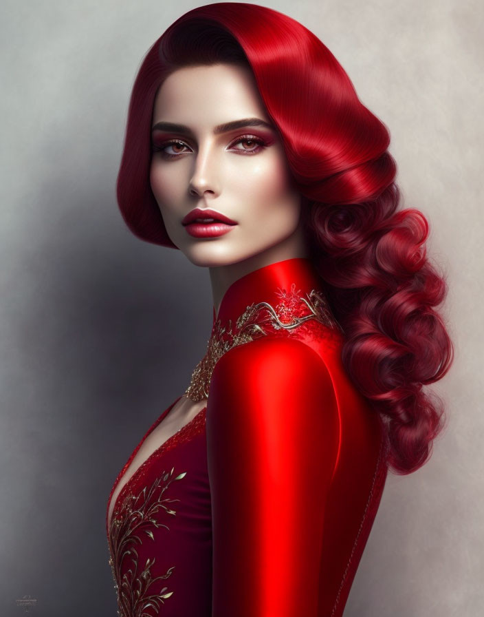 Digital artwork: Woman with red hair, bold makeup, red dress with gold embroidery on grey background