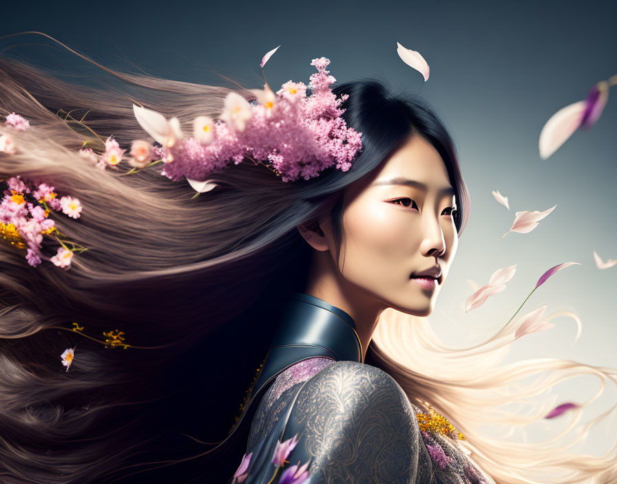 Asian woman with flowing hair and pink blossoms in artistic image