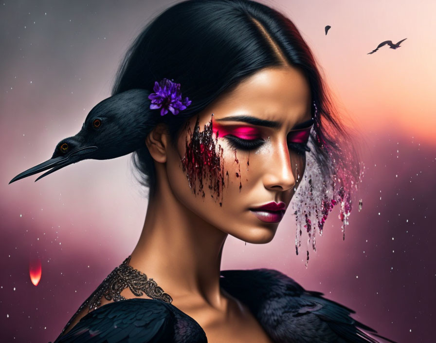 Digital artwork of woman with crow, pink eye makeup, surreal blood-like embellishments