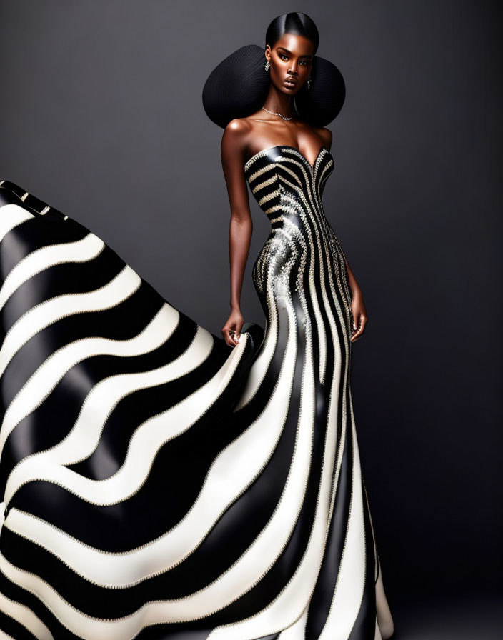 Woman modeling black and white striped gown with fitted bodice and flowing skirt.