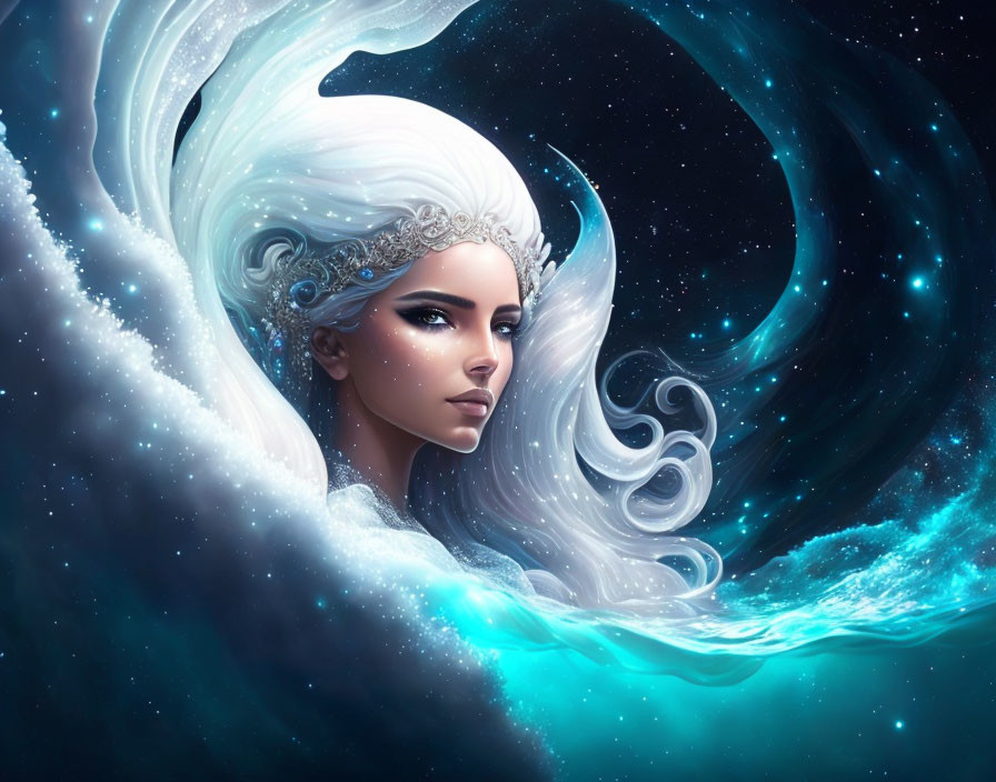 Fantasy illustration of woman with white hair and cosmic background