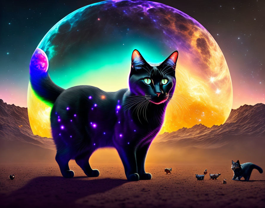 Black Cat with Cosmic Pattern in Surreal Moonlit Desert Landscape