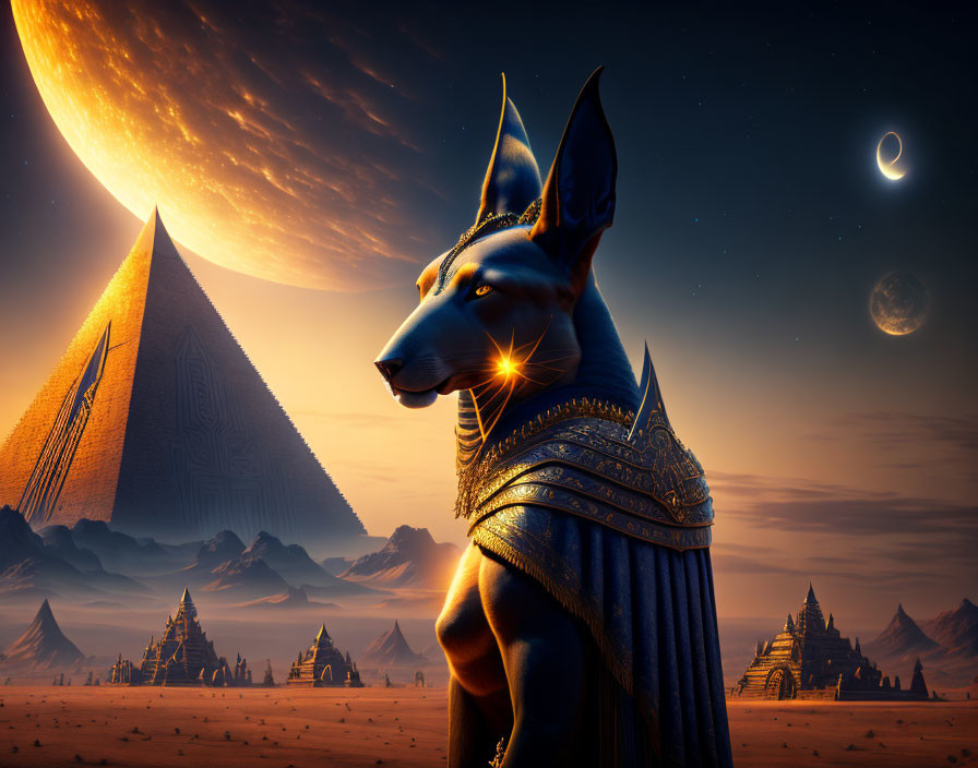 Egyptian-themed Anubis figure under planet and crescent moon.