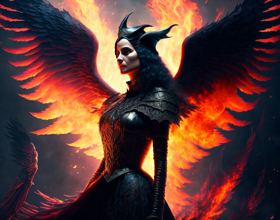 Dark-winged female figure in black armor amidst fiery hues