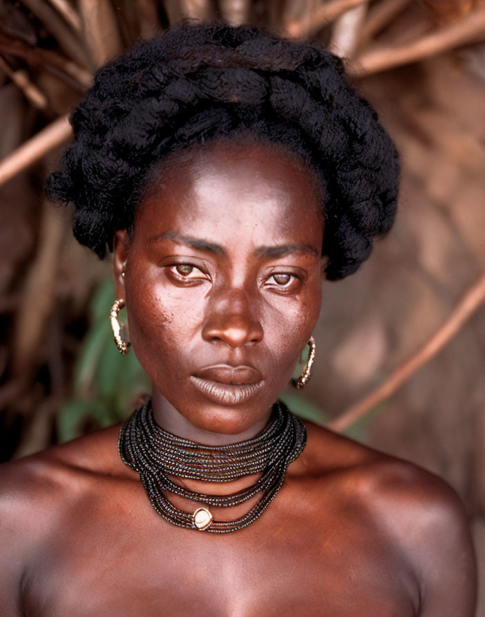 Portrait of Woman with Traditional Jewelry Against Natural Backdrop