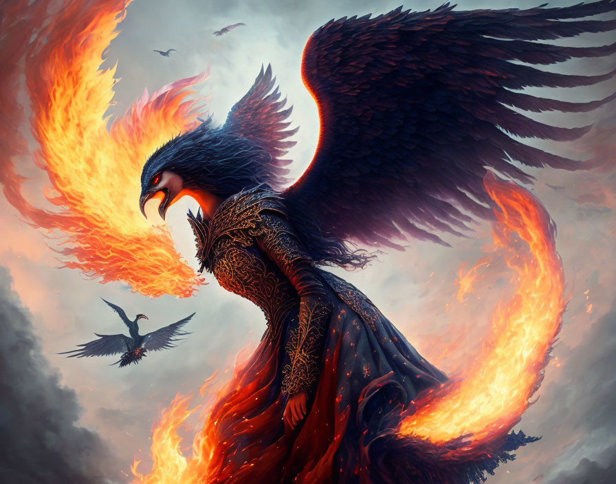 Illustration of phoenix-themed woman with fiery wings in dramatic sky