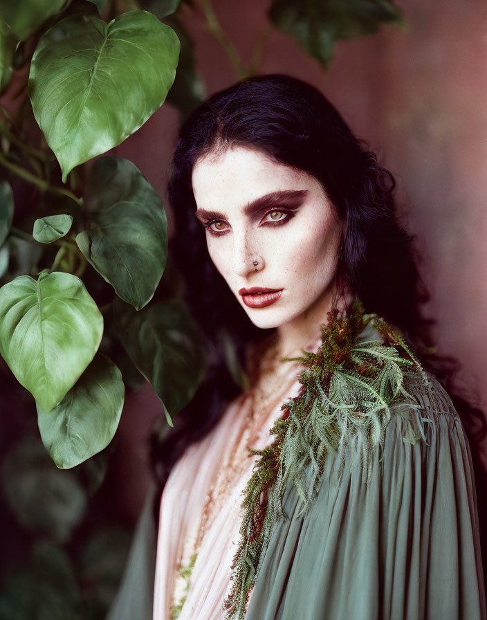 Dark-haired woman with intense gaze surrounded by greenery on pink and green background.