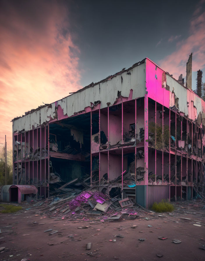 Abandoned two-story building with crumbling interior under pink dusk sky