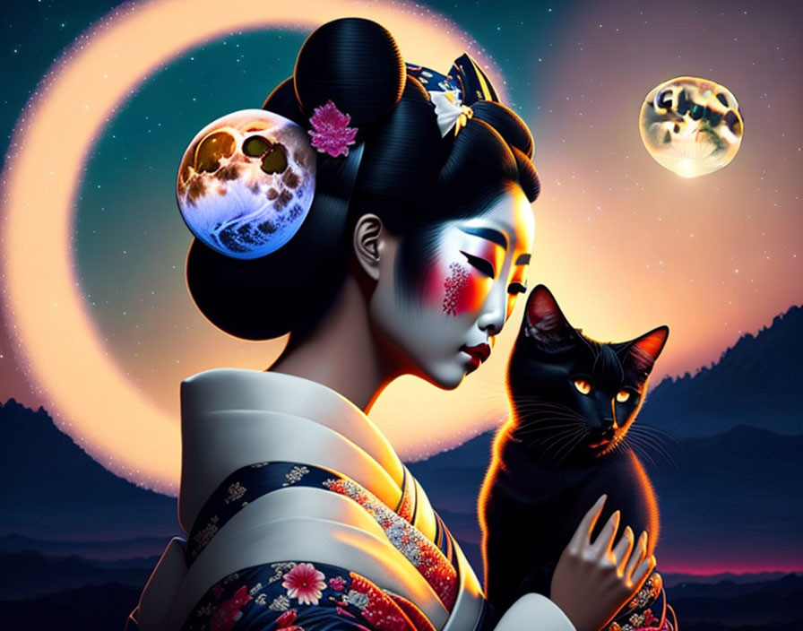 Traditional Japanese Attire Woman Holding Black Cat with Celestial Background