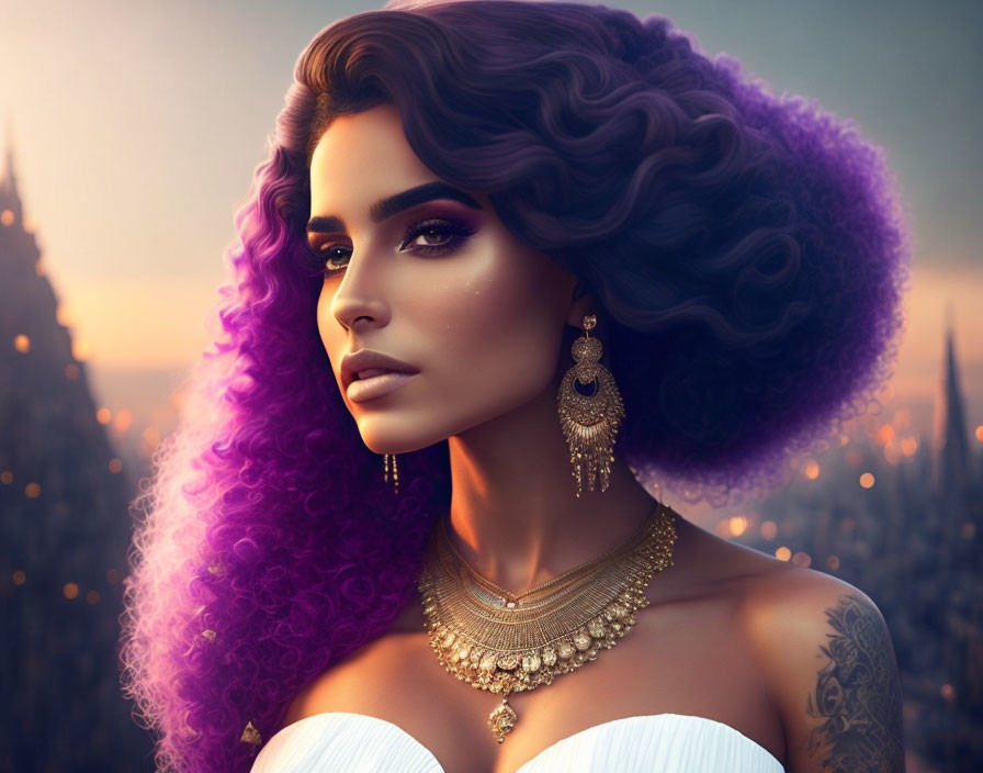 Vibrant digital portrait of woman with purple hair and tattoos in cityscape.