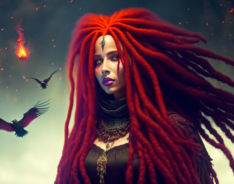 Woman with red dreadlocks, ethnic jewelry, birds, comet, stormy sky portrait.