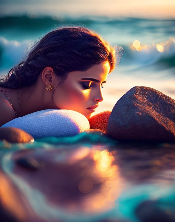 Woman relaxing on beach at sunset with gentle waves and serene expression