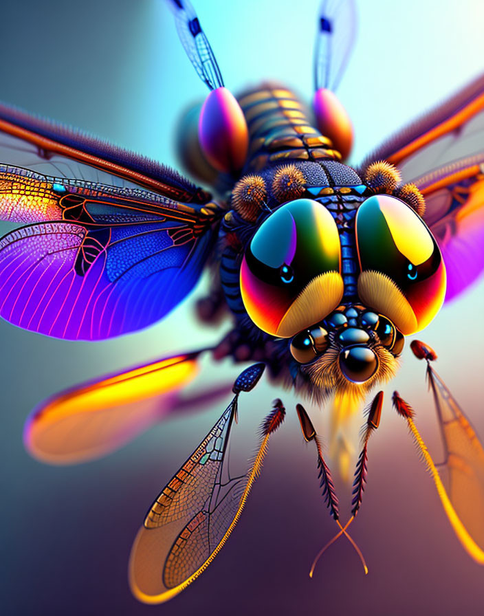 Detailed Dragonfly Illustration with Iridescent Wings and Colorful Eyes