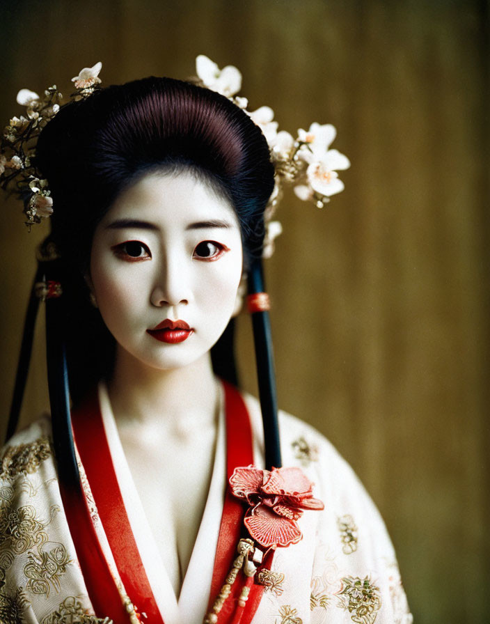 Traditional Geisha with Kimono and Floral Hair Adornments