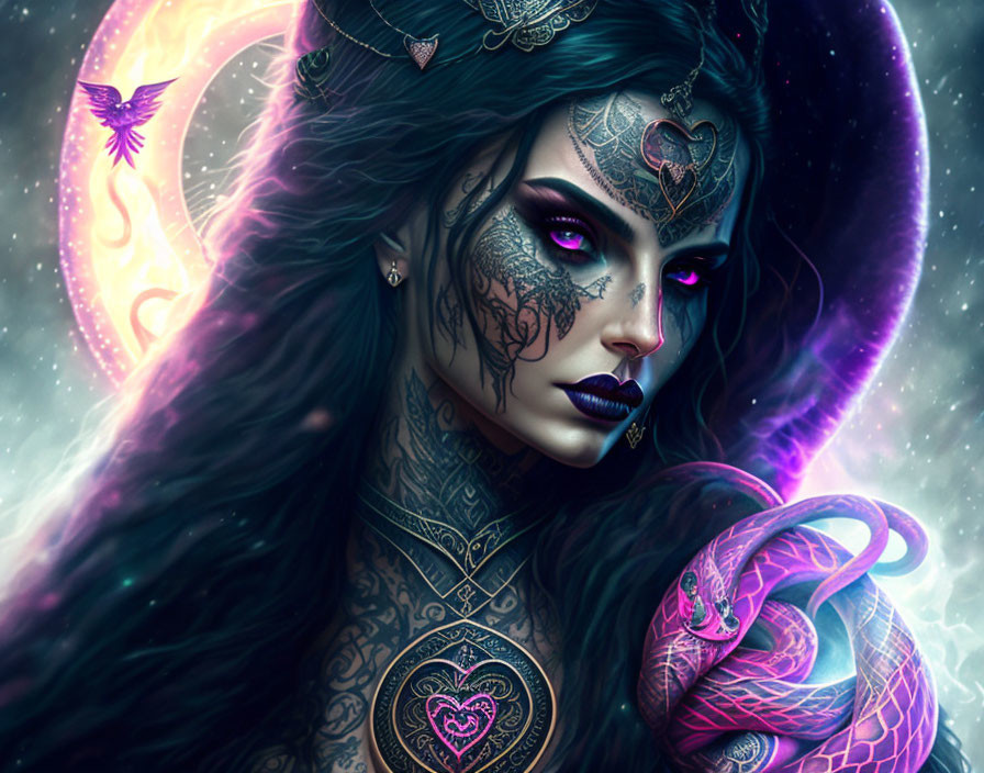 Illustrated female figure with dark makeup, tattoos, snake, and celestial background