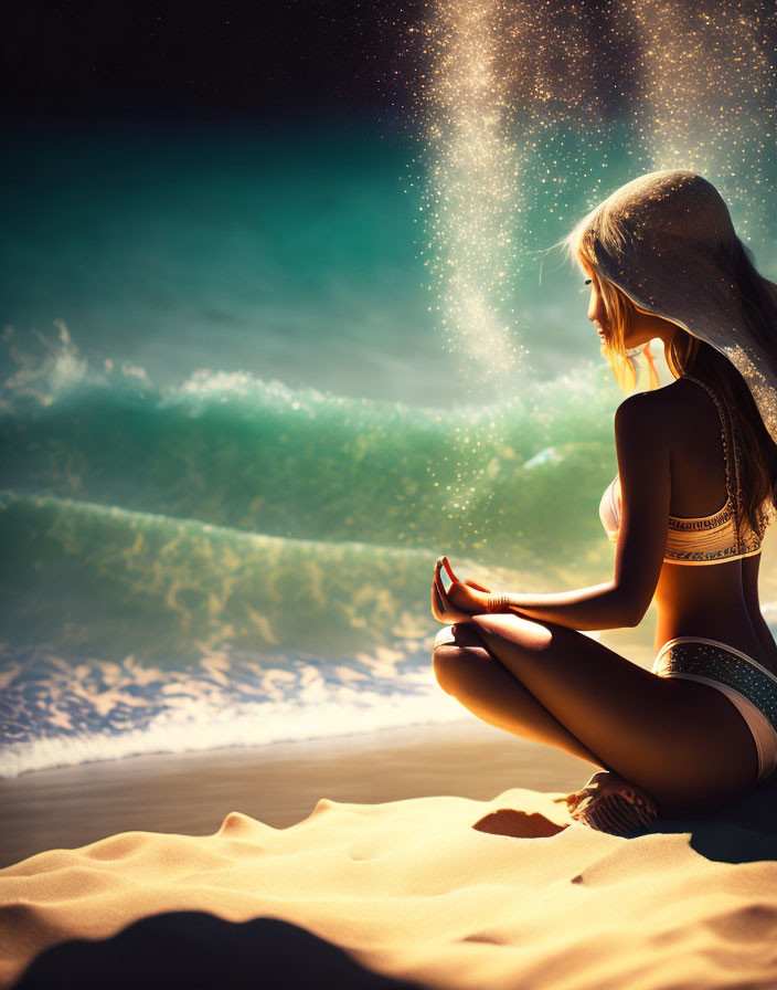 Person meditates on beach at dusk under starry sky