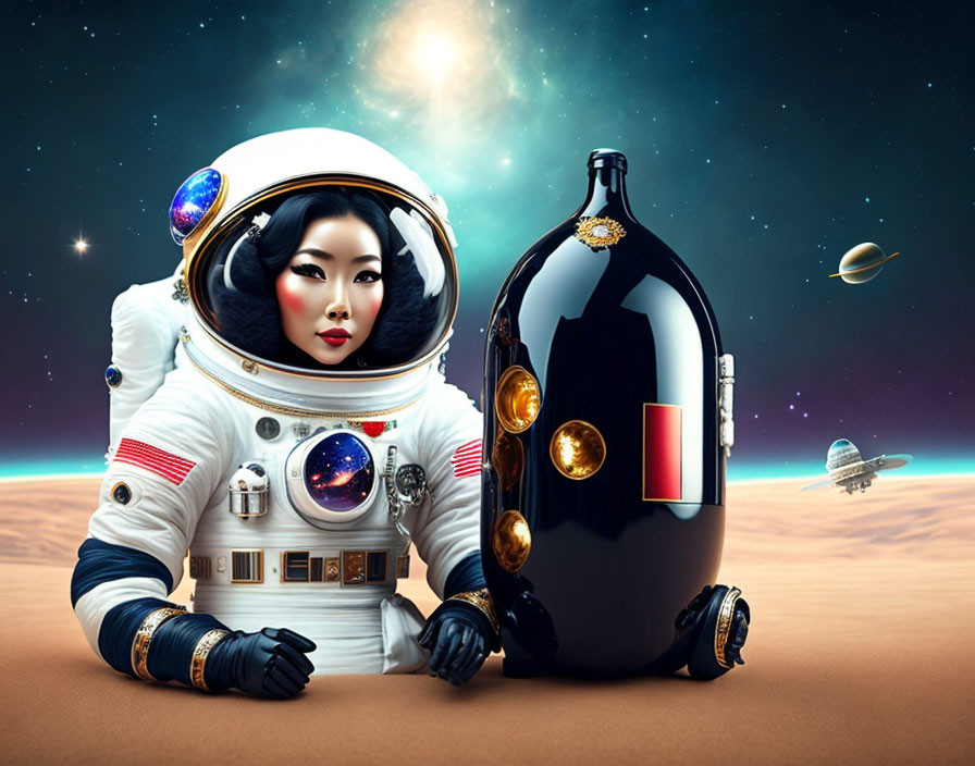 Reflective astronaut helmet next to ornate perfume bottle in space.