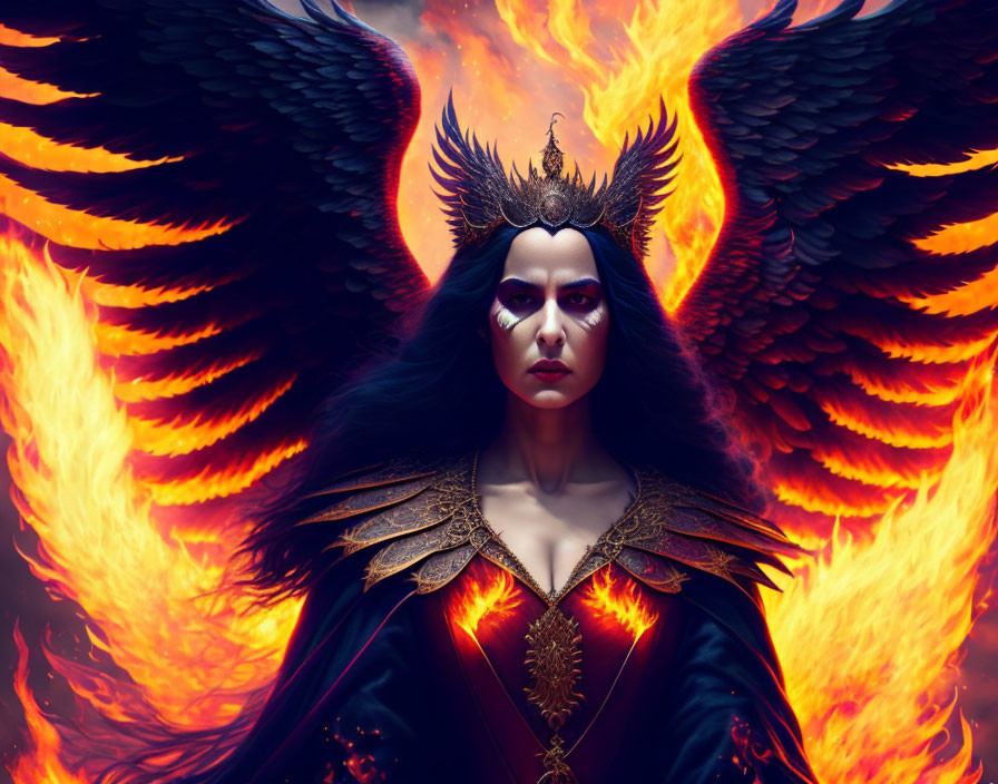 Dark queen with black wings, gold armor, and flames in a stern pose