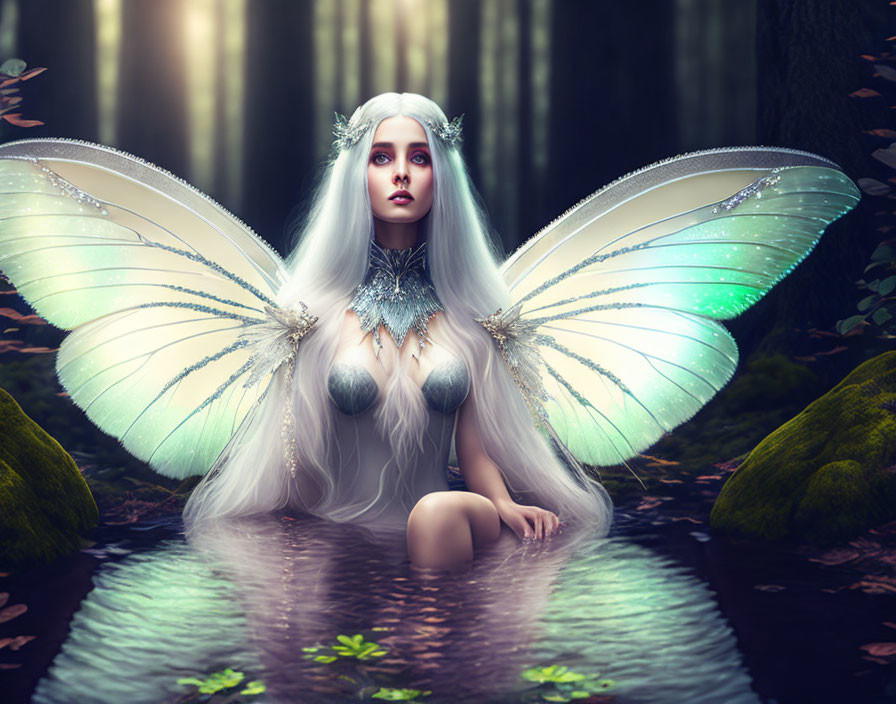 Fantasy image of person with butterfly wings and crown by forest stream