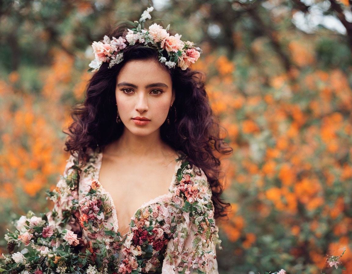 Woman in floral crown and dress among orange flowers emitting romantic, ethereal aura