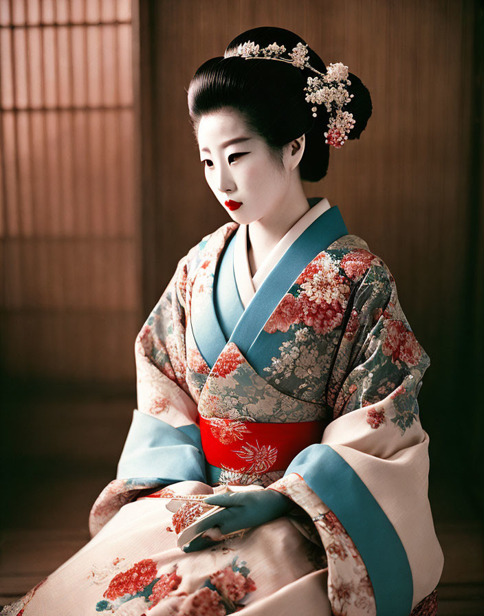 Colorful Kimono: Woman in Geisha Costume with Floral Patterns