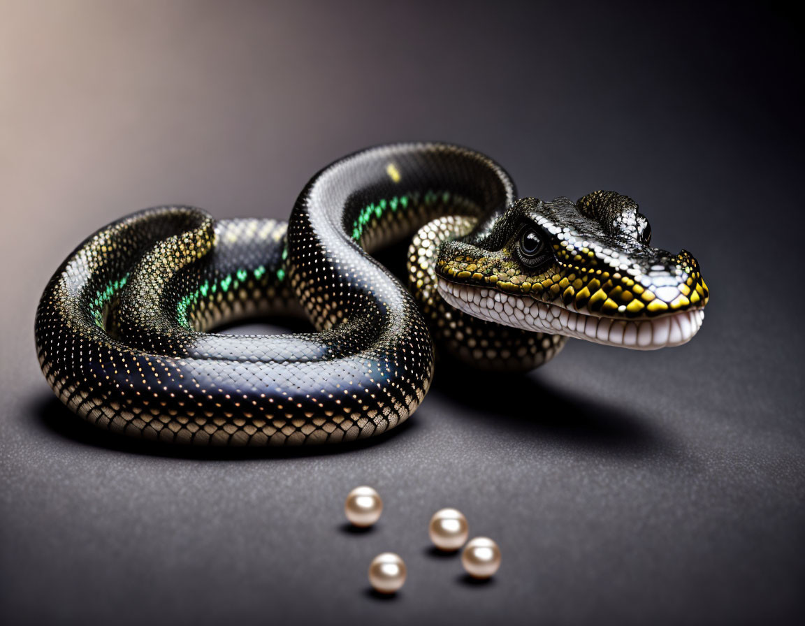 Black and Yellow Coiled Snake with Iridescent Scales and Pearls on Dark Surface