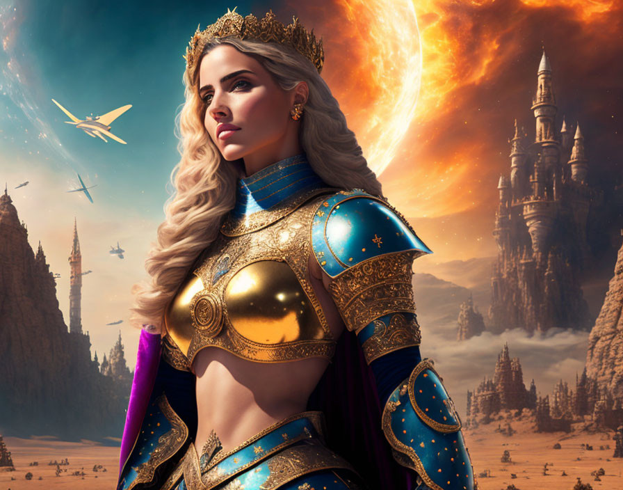 Warrior woman in blue and gold armor in fantasy landscape with castle and two moons