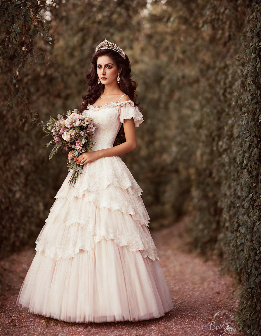 Elegant woman in off-the-shoulder wedding gown with tiara and bouquet on tree-lined pathway