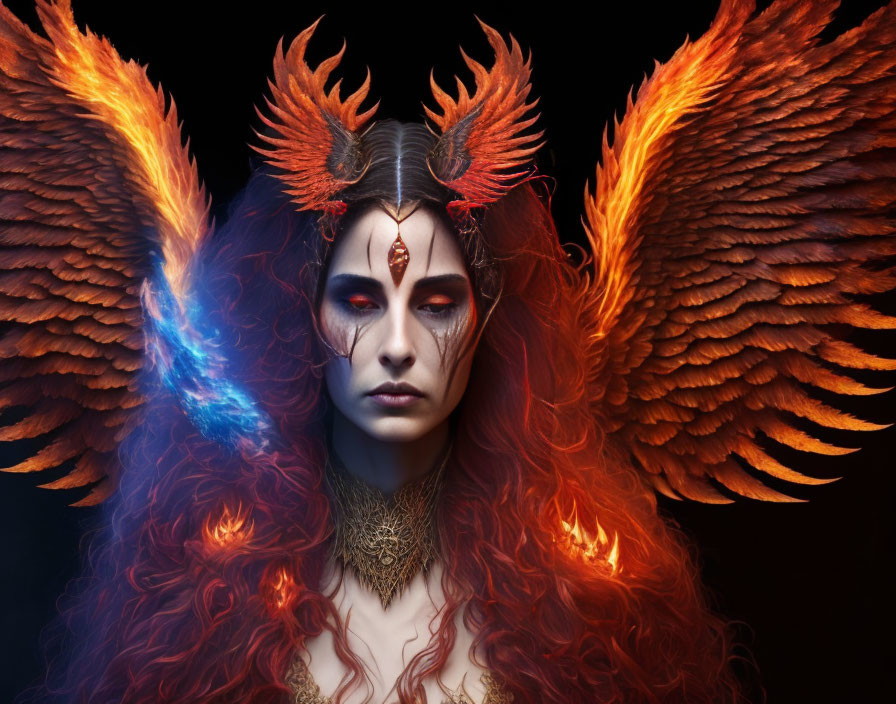 Person with red hair and fiery wings in ornate headgear emitting mystical aura