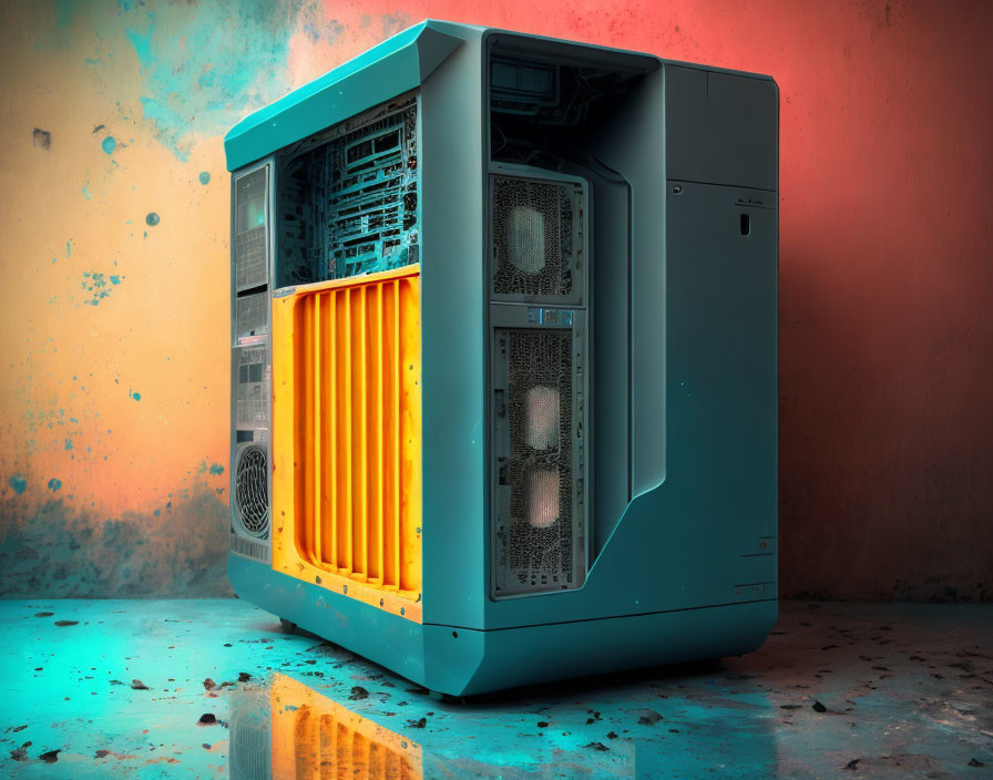 Vibrant Turquoise and Orange Computer Tower on Colorful Background