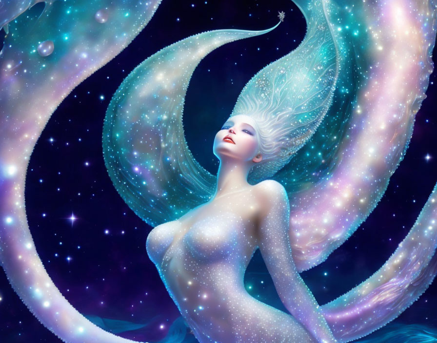 Woman-shaped mystical creature with celestial fish tail in cosmic setting