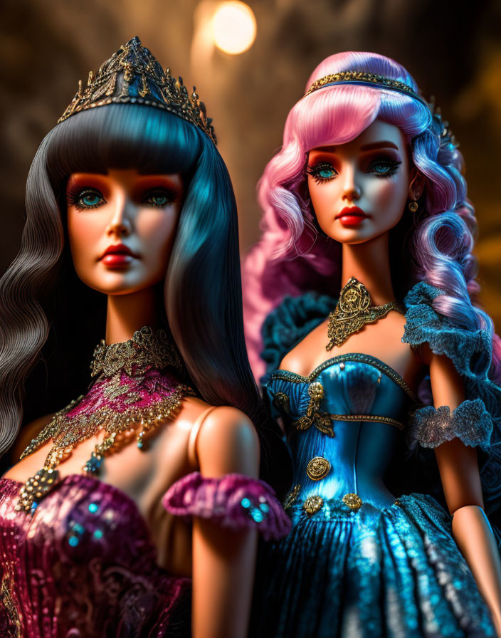 Elaborate dolls in pink and blue dresses with intricate costumes on warm lit background