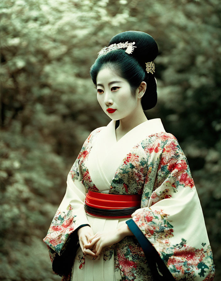 Traditional Japanese Attire Woman with Intricate Hairstyle in Serene Nature