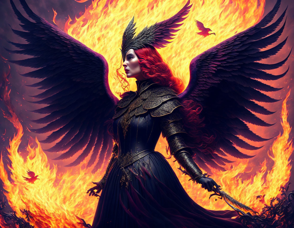 Fantasy warrior with dark angelic wings and fiery phoenix birds.